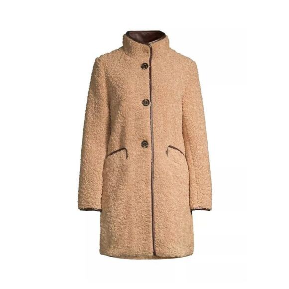 Sam Edelman NWT Camel Brown Long Soft Teddy Coat Faux Leather Accents Women's XL - Picture 4 of 16